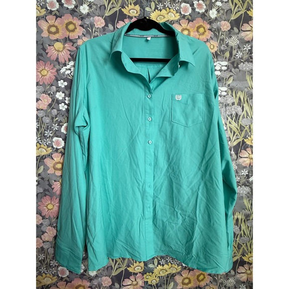Cinch Womens Long Sleeve Button Front Shirt Turquoise Solid XL Style NSW9163007 - Picture 3 of 10